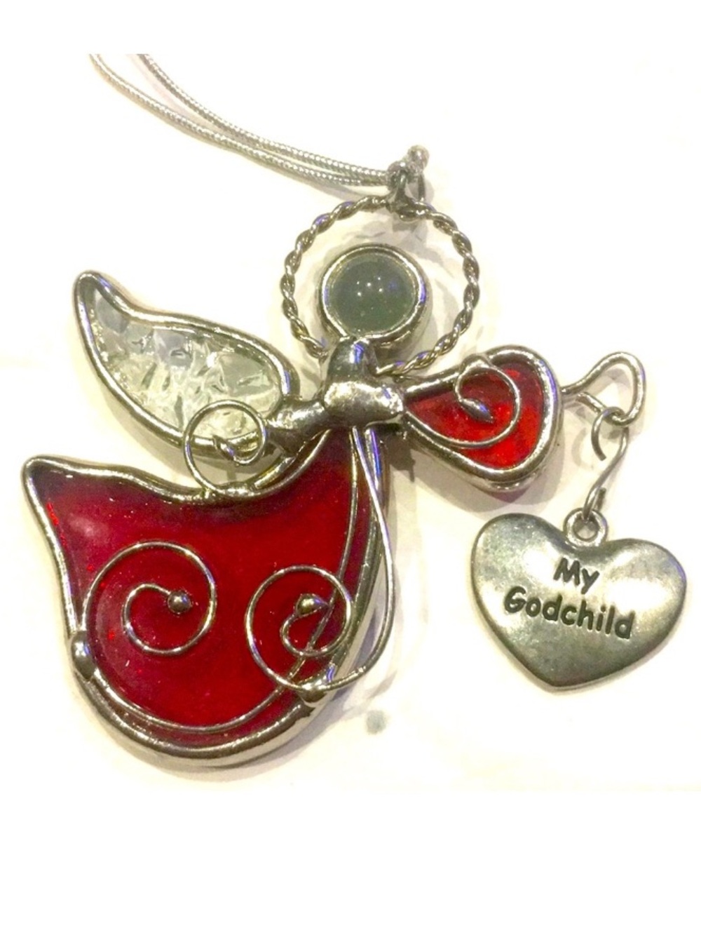 Stained Glass Angel Holding Heart Ornament My Godchild Red Clear NWOT